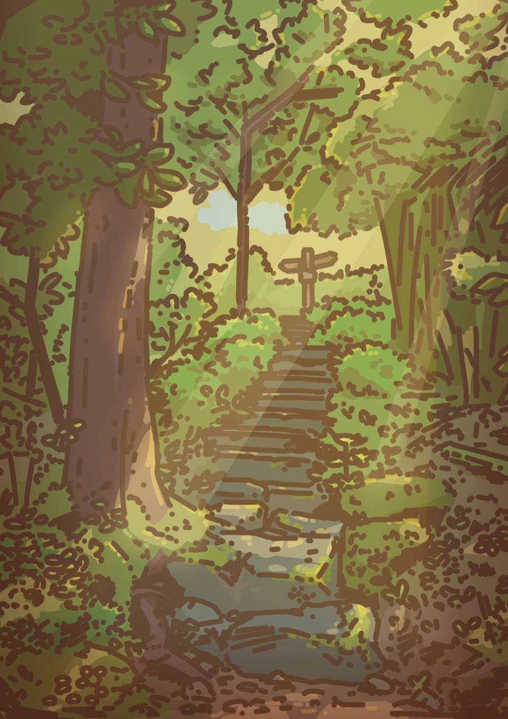 Brightly colored illustration of a forest path, with sunlight filtering through trees onto stone steps and a wooden signpost at the top