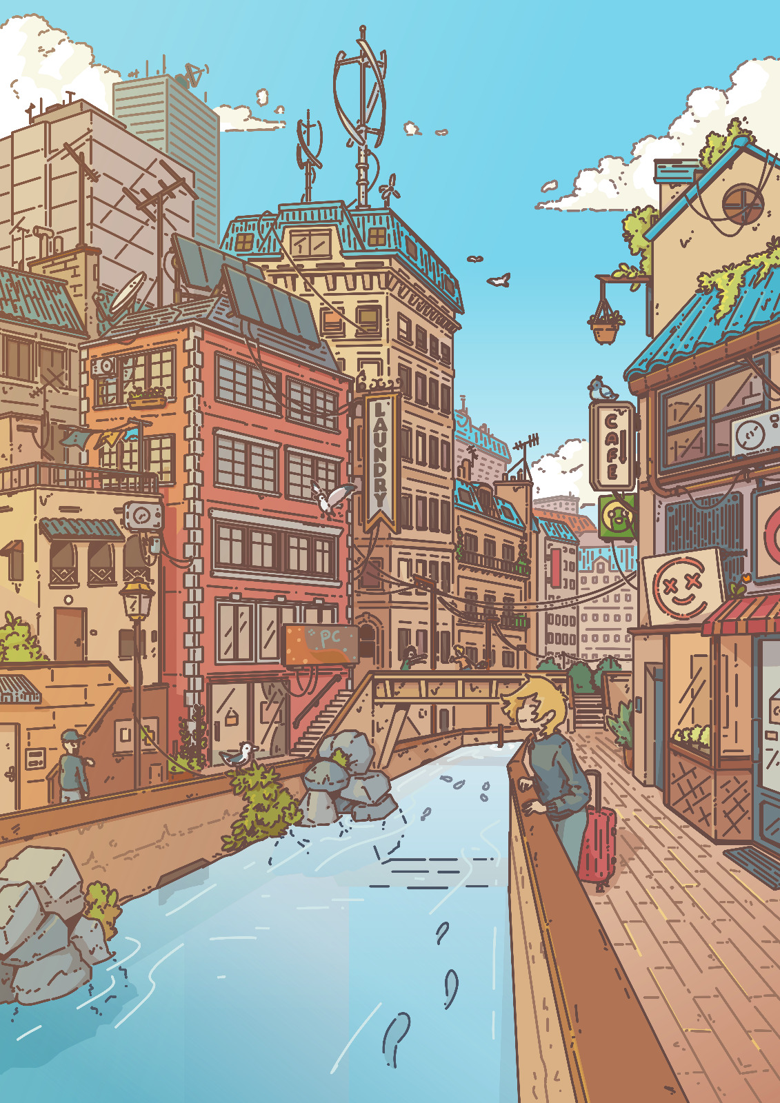 Illustration: a character with a suitcase is leaning towards a canal in the middle of a very detailed city with tall building with blue roofs, solar panel and wind turbine. There actually a ton of details it’s hard to describe how overwhelming it feels. There are many plants, some seagulls, coffee shop, ton of wires… the vibes are serene and peaceful.